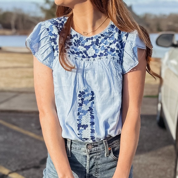 Blue Embellished Flutter Sleeve Blouse - Picture 1 of 5
